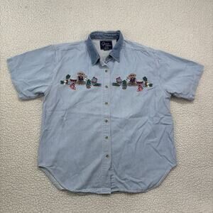 LETS QUIZZ AGAIN Womens L Denim Teddy Bear Sheriff Button Shirt Western Stripe